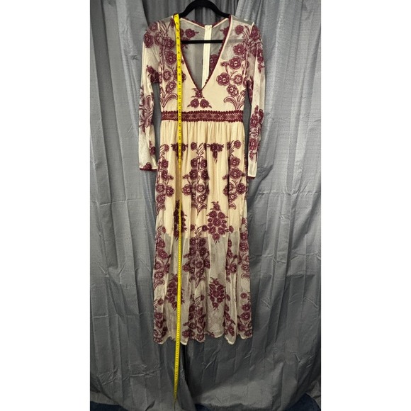 Unbranded Embroidered Floral Mesh Maxi Dress Women S Beige Burgundy Boho Prairie - Picture 6 of 12